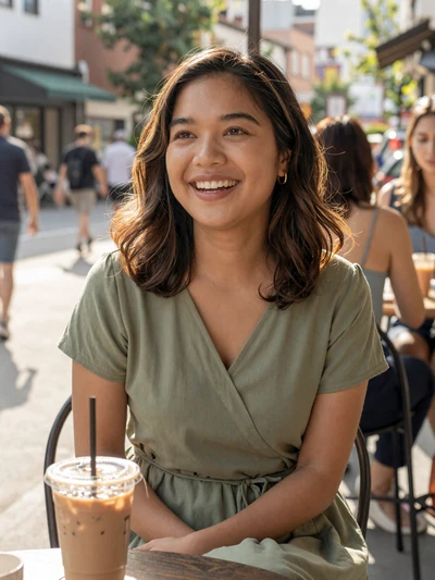 Suki laughing naturally at an outdoor cafe in afternoon sunlight
