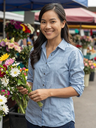 Anh browsing a farmers market with fresh flowers in natural daylight