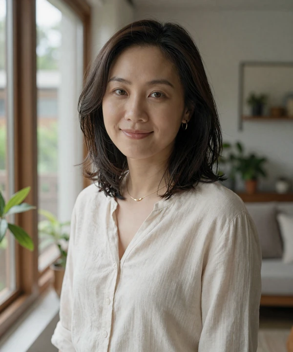 Warm candid portrait of a woman smiling naturally near a sunlit window on Sakuradate dating platform